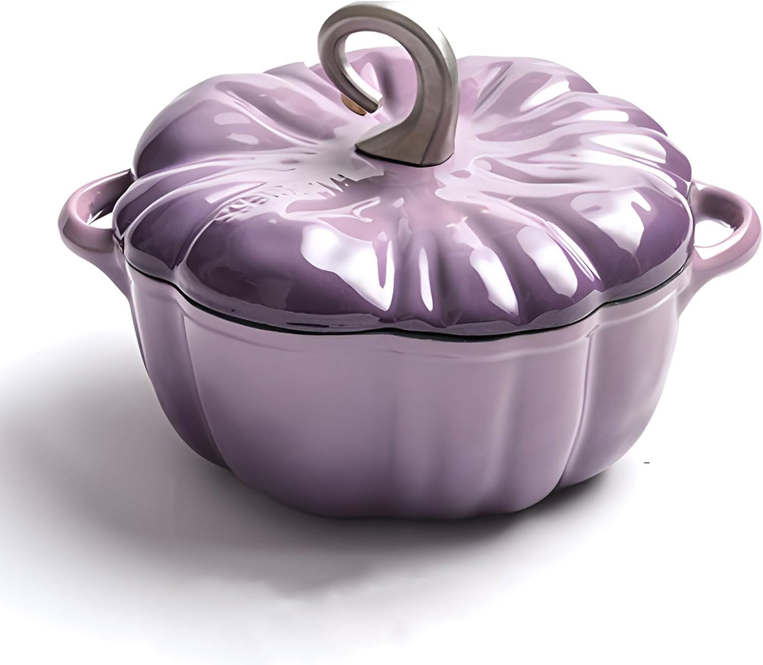 Cocotte de calabaza, olla esmaltada con tapa, horno holandés de hierro fundido de 3,7 l, color morado, decoración de Acción de Gracias, olla para estofado, para 3-5, tema de Halloween