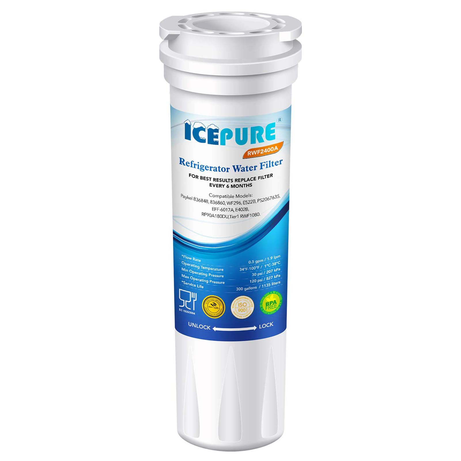 ICEPURE 836848 Refrigerator Water Filter Compatible with Fisher & Paykel 836848, 836860,WF296,E522B, PS2067635，RWF2400A, 2PACK