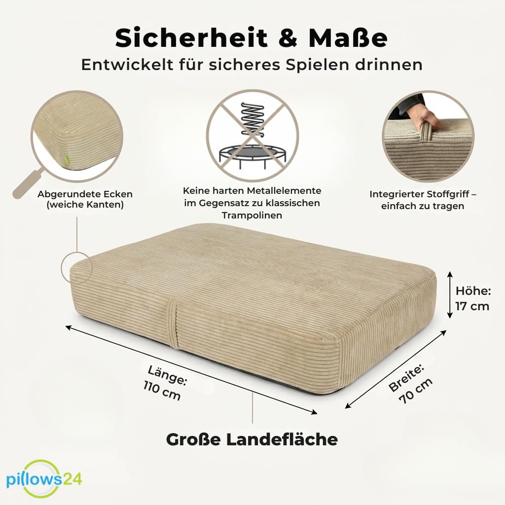 Hüpfpolster für Kinder Indoor | Hüpfkissen 70x110x17 cm mit Federn & Schaumstoff | Kindertrampolin für Zuhause | Hüpfmatte mit abnehmbarem Cordbezug | Trampolin Indoor Kinder | Hellgrau