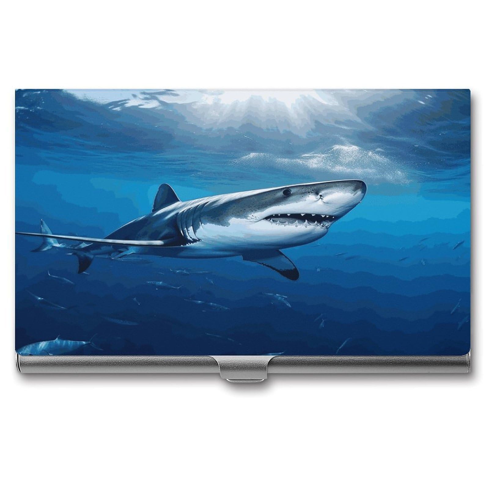 LDGSUPH Ocean Sea Animal Shark Business Card Holder Fashion Slim Name Card Holder Minimalist Design Case Metal Card Carrier Personalized Business Card Case with Flip for Men Women