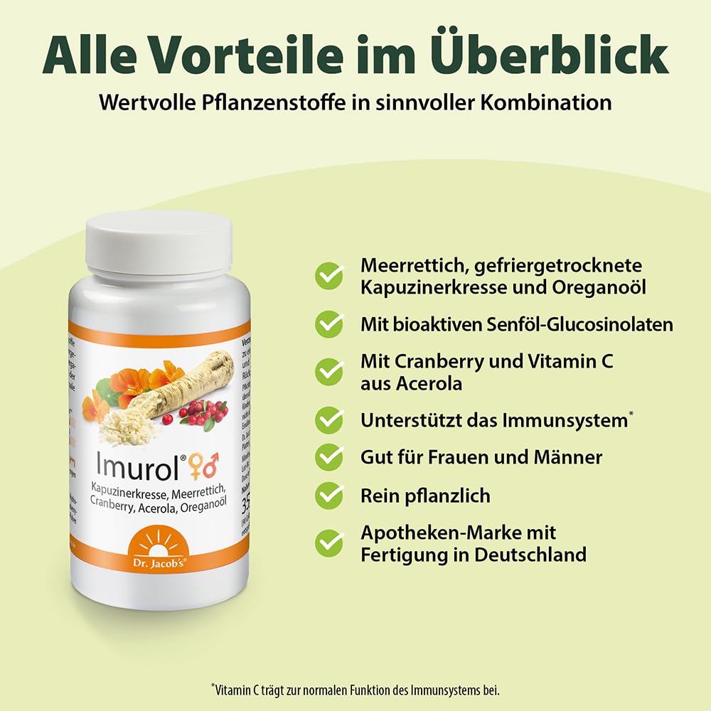 Dr. Jacob's Imurol | Kapuzinerkresse, Meerrettich und Oreganoöl Kapseln | Für Ihr Immunsystem¹ | Bioaktive Senföl-Glucosinolate | Mit Cranberry & Acerola | Gut für Frauen und Männer | 90 Kapseln
