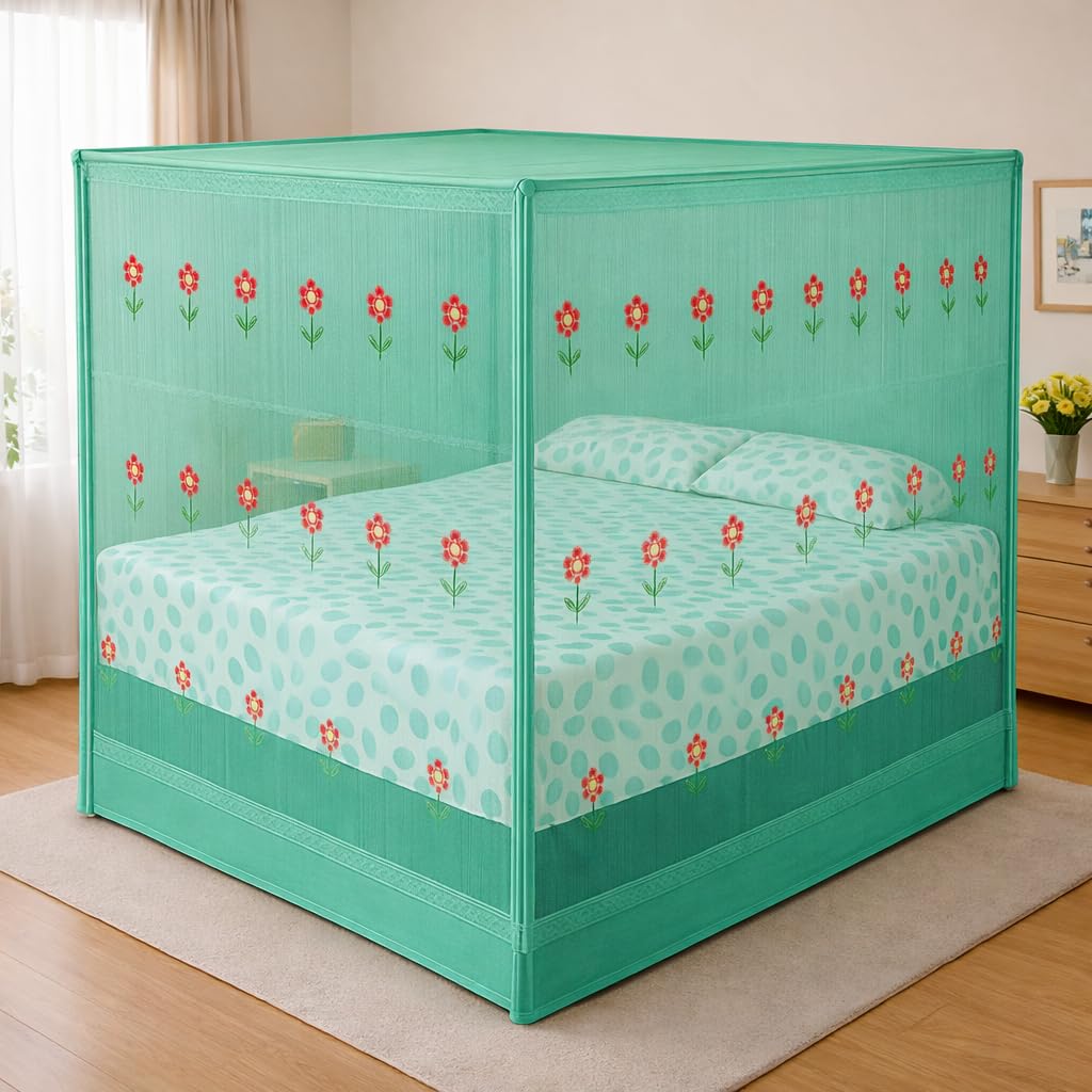 RN Enterprise Premium Polycotton Elegant Flower Mosquito Net with Coloring Cotton Tape & Designing Bottom (Pista Green, Double Bed (5 x 7 Feet))-image-18