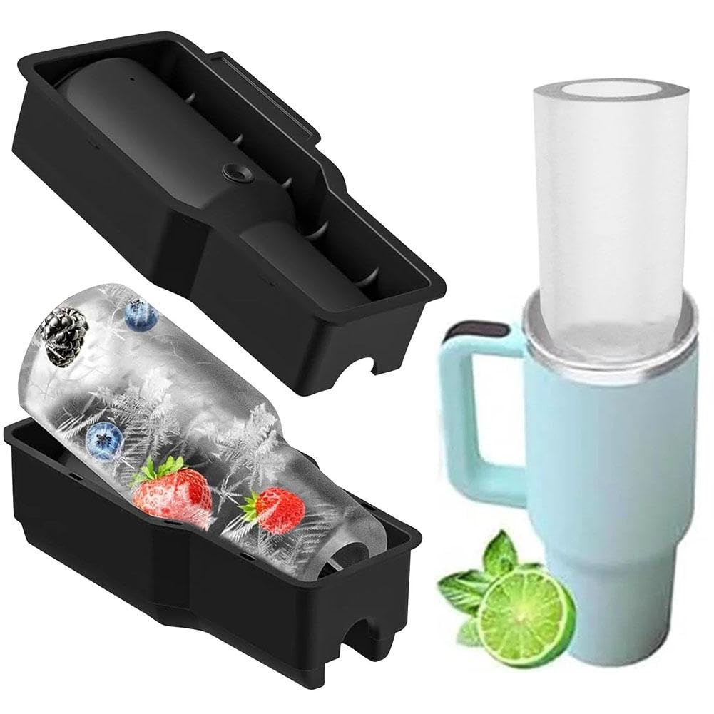 Tumbler Ice Mold for Stanley Cup 30-40 oz,Silicone Hollow Cylinder Ice Mold with Lid and Bin,Silicone Icecube Tray,Easy Fill & Release,for Freezer IceDrink Juice Whiskey Cocktail Coffee,Summer Gifts
