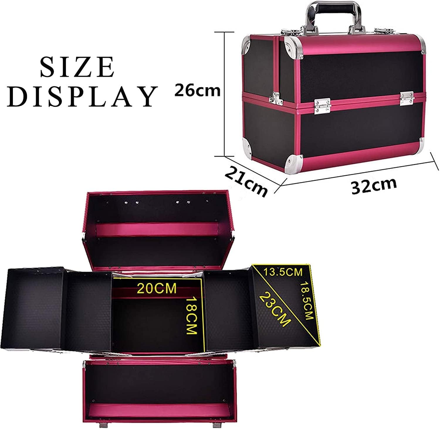 Adson Professional Makeup Box Cosmetics Case Jewelry Organiser Vanity Make Up Storage Box Beauty Train Case Lockable with Keys (Black & Pink) 32x21x26cm - Image 5 thumbnail