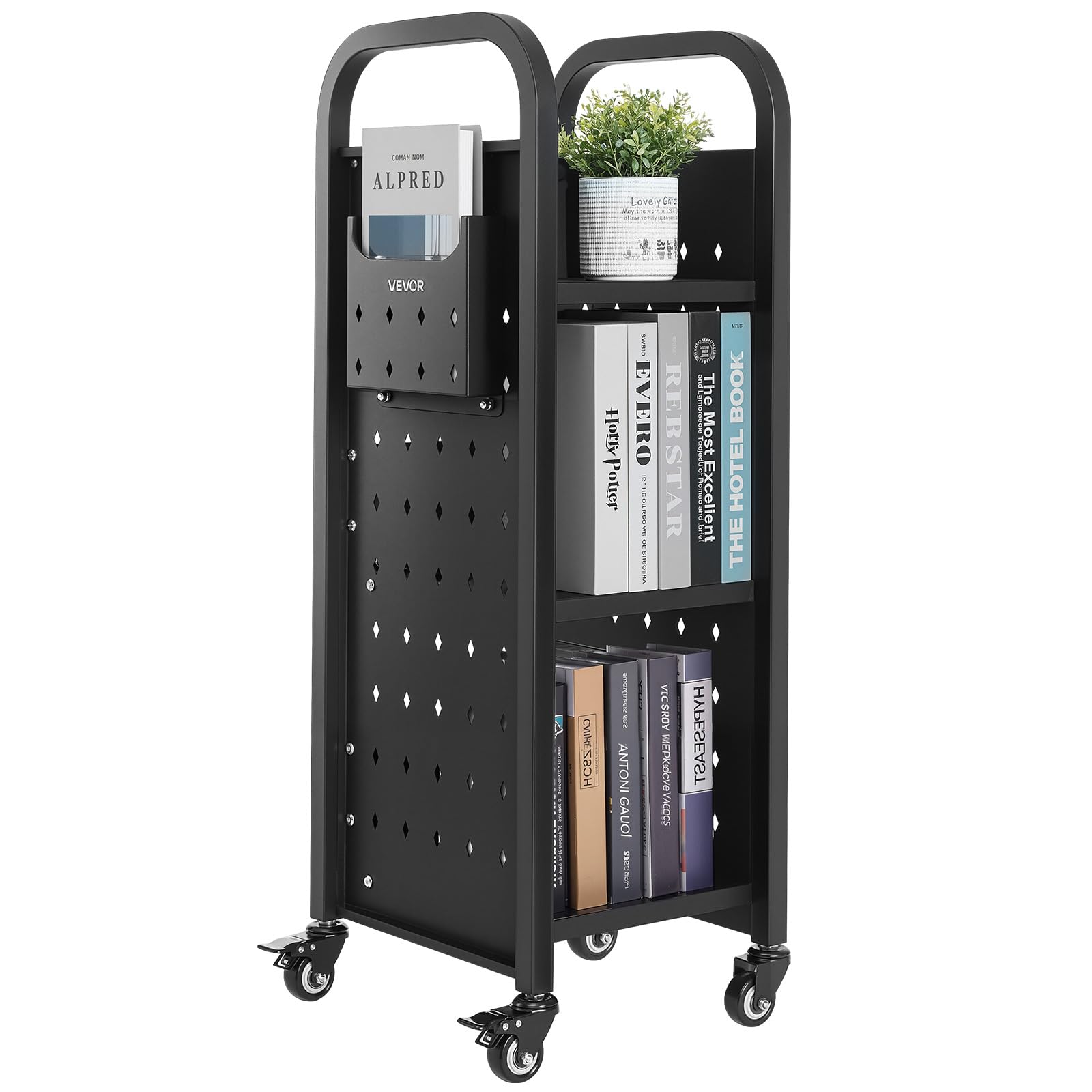 VEVOR Chariot à Livres, Capacité de Charge 100 kg, Chariot de Bibliothèque, 32 x 35 x 93,​5 cm, Étagère de Rangement Livres Simple Face en L avec Roulettes Double Frein, pour Salon, Bureau, École, Noir