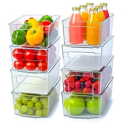 Utopia Home - Fridge & Refrigerator Organizer Bins (8 Pack), Clear Stackable Durable Plastic Storage Containers with Easy Grip Handles for Pantry, Kitchen Cabinets & Countertops