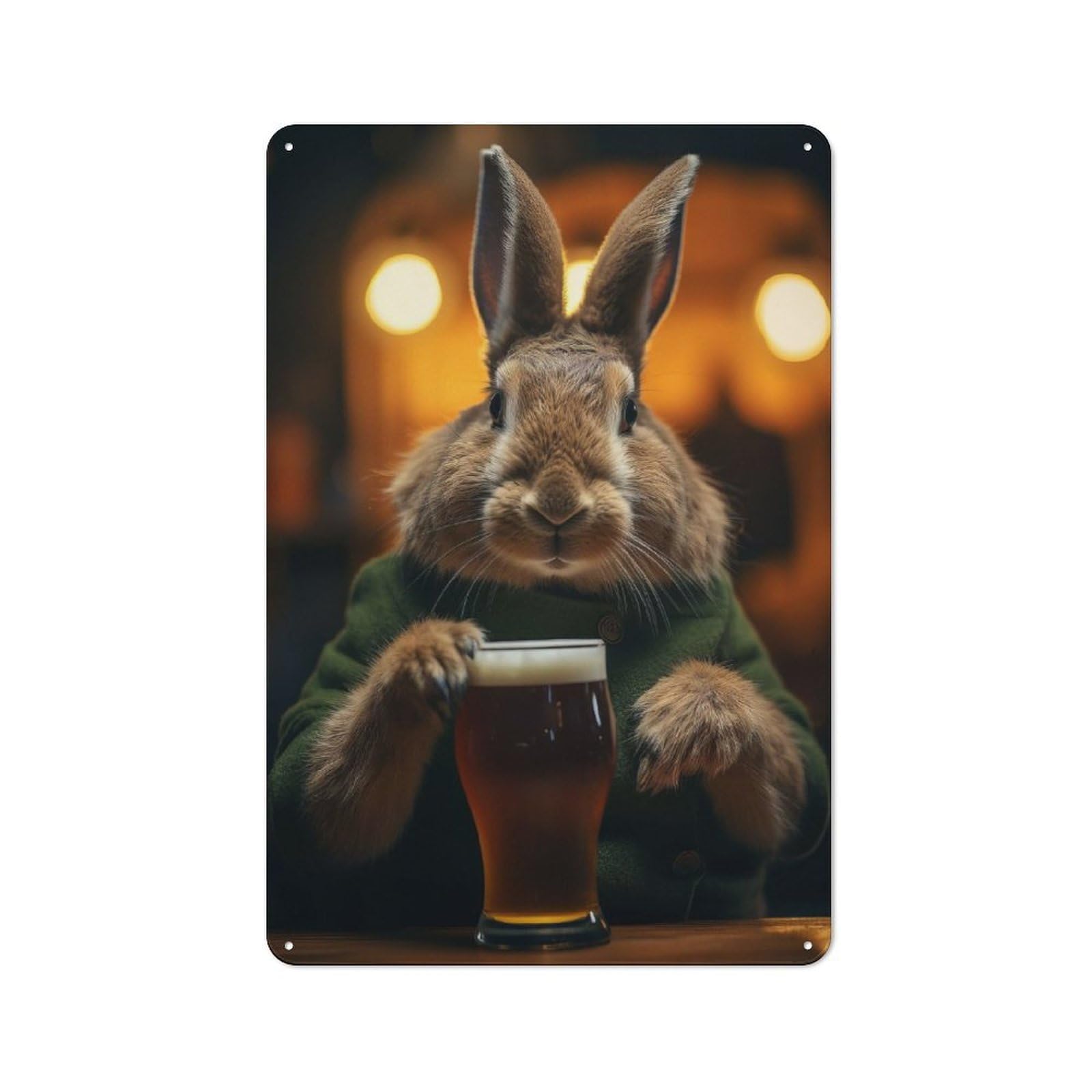 Junmoney Rabbit Drinking Beer Pint Tin Wall Plaque 30X20cm With For Studio Or Craft Room, Suited To Craft Room Decorators