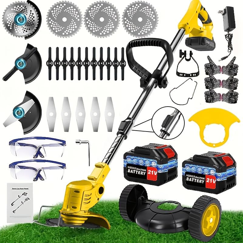 Electric Weed Wacker Cordless Weed Eater Battery Powered 21V, 4-in-1 Lawn Mower, 6 inch Edger StringlessTrimmer with Wheel & Blade, 2 Battery (Violet)