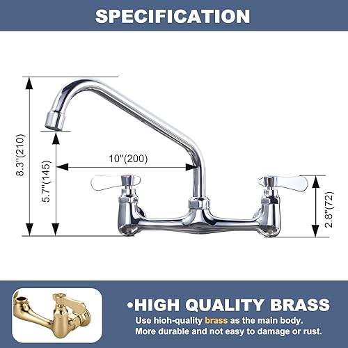 Miniatura 7 de Grifo de fregadero comercial con boquilla giratoria de 10 pulgadas, grifo de cocina de montaje en pared central de 8 pulgadas, grifo de fregadero de