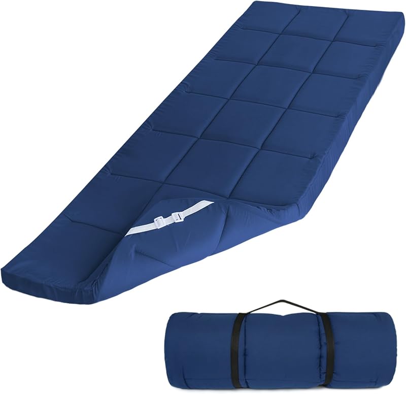 Cubrecolchón para cuna (grosor mejorado), almohadillas acolchadas de espuma para acampar, suave y cómodo colchón para cuna solamente, almohadilla para acampar de 75 x 30 pulgadas para cuna de campamento/litera de RV/camas individuales estrechas, azul marino
