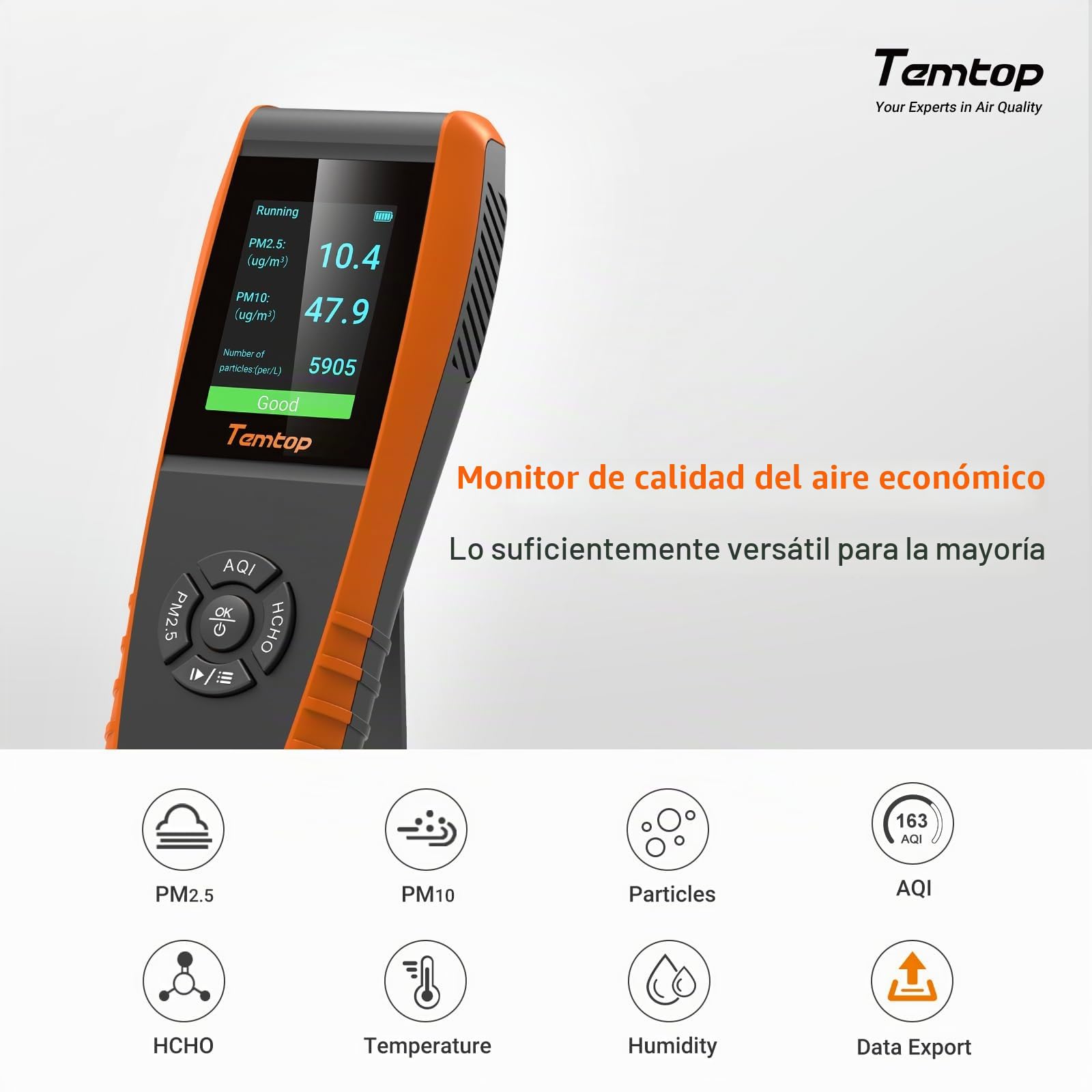 Temtop LKC-1000S+2ND Detector de Calidad del Aire Detector de Calidad del Aire Monitor de Formaldehído para Interiores y Exteriores HCHO / PM2.5 / PM10 / TVOC