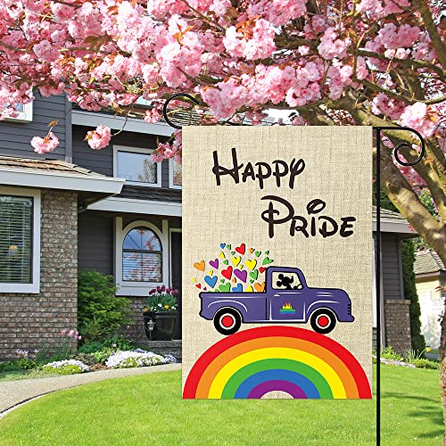 D1Resion 2Pcs Rainbow Garden Flag Happy Pride Cartoon Mouse Truck Burlap Yard Flags Love Wins Double Sided Print Vertical House Flag Outdoor Lawn Decorations For Lgbtq Lesbian Gay Community 13 X 18 In #TOP3