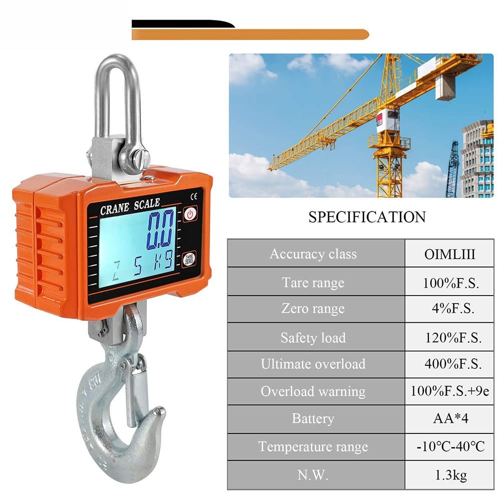 Wagi bagażowe do walizek Heavy Duty 1000kg 2200lbs Cyfrowa waga dźwigowa Heavy Duty Waga dźwigowa Aluminiowa cyfrowa waga wisząca Wyświetlacz LED,Wagi dźwigowe(Orange,500KG/200G)
