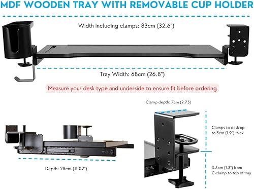 Miniatura 6 de ErgoActive Bandeja de madera MDF para teclado debajo del escritorio con soporte para tazas, abrazadera fácil de instalar, incluye alfombrilla para