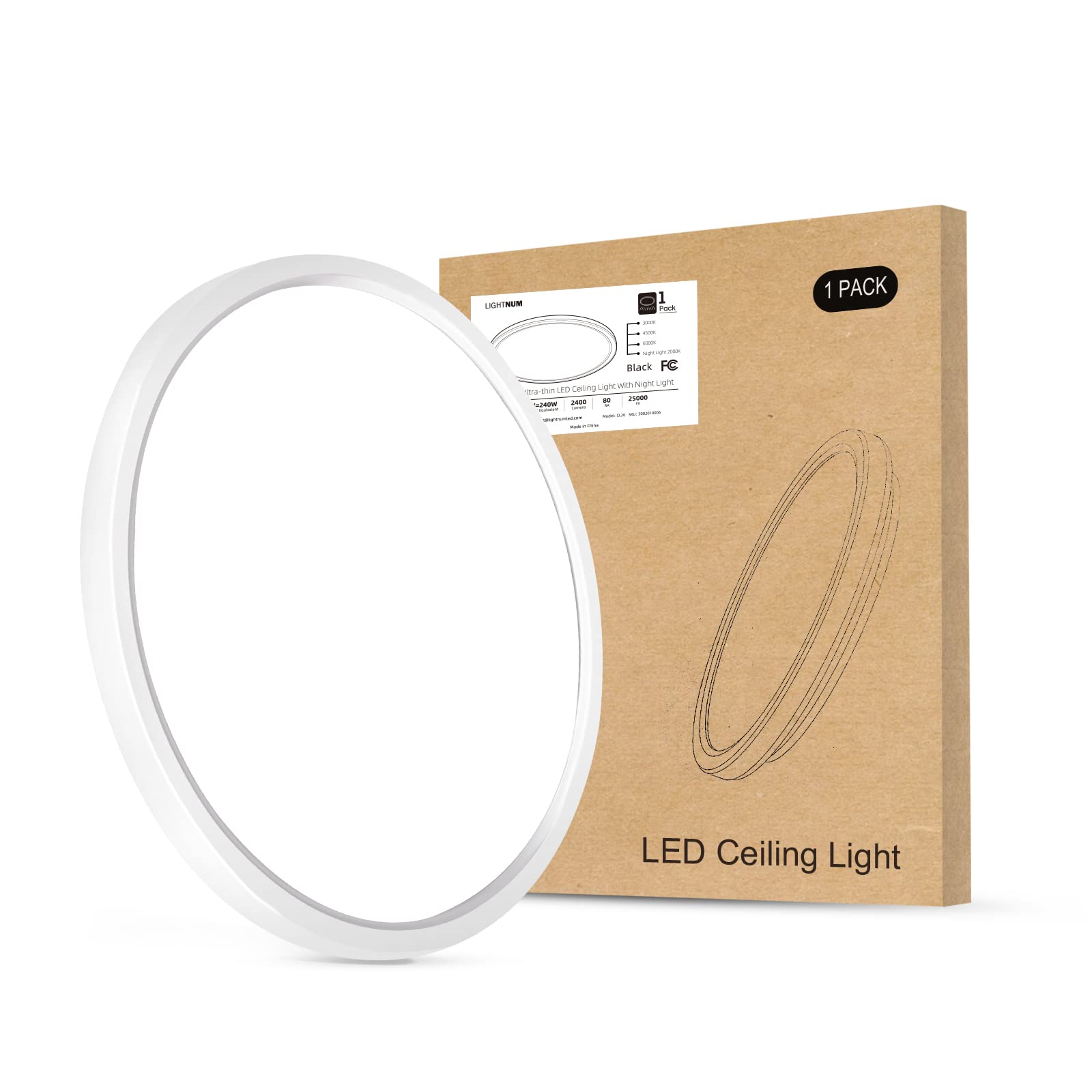 LIGHTNUM 12 Inch Ultra Thin Flush Mount LED Ceiling Light Fixtures with Night Light Dimmable Round Flat Panel Lights for Hallway Bedroom Kitchen 24W=150W 2400LM 2700K - 5000K 3CCT Selectable - White