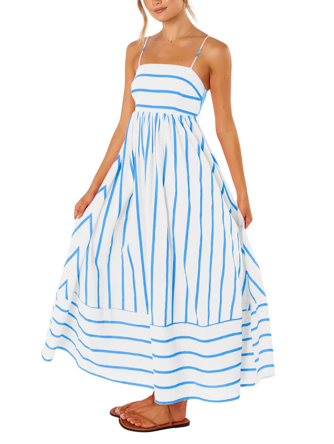utcoco Womens Summer Striped Back Smocked Maxi Sundresses Spaghetti Strap Cut Out Flowy Swing A Line Long Dress