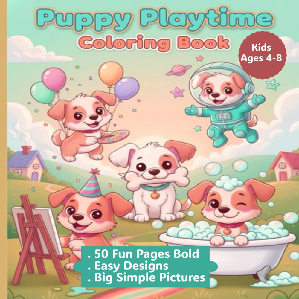 Puppy Playtime Coloring Book for Kids Ages 4–8: 50 Fun and Easy Bold Line Coloring Pages with Simple Animal Designs for Boys and Girls