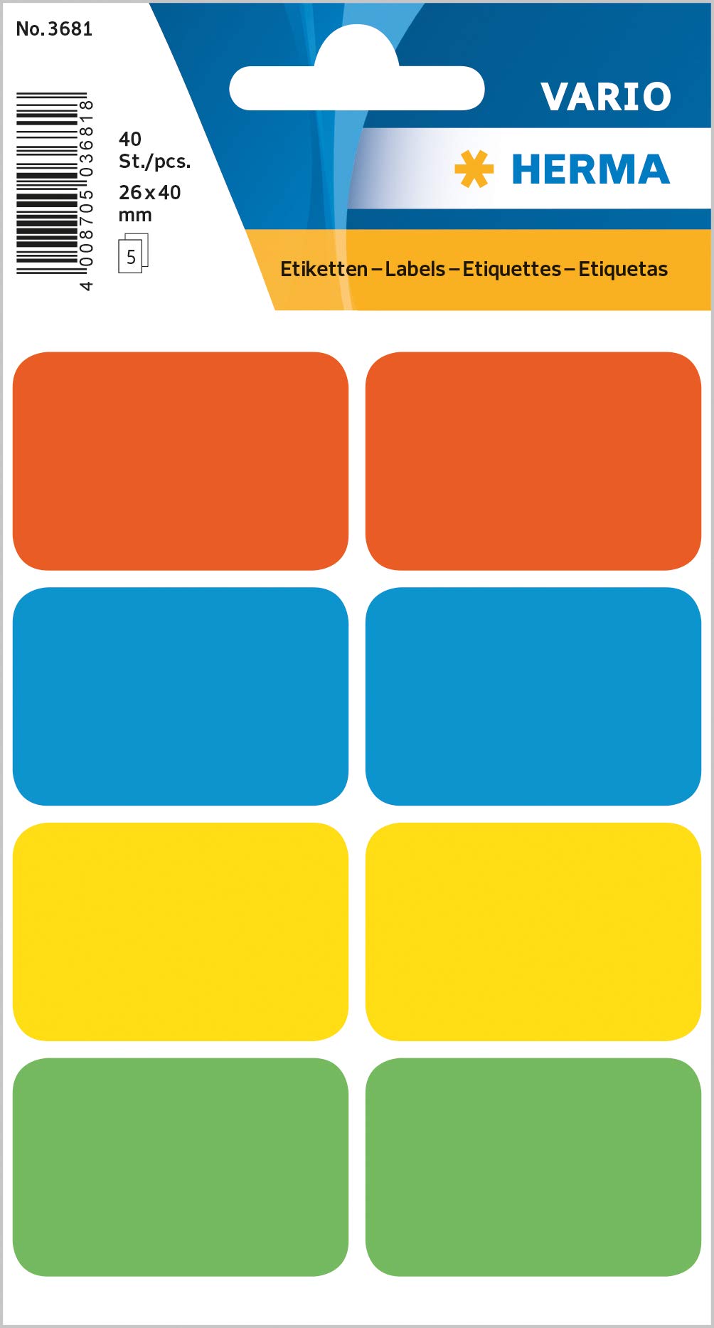 HERMA Multi Purpose Labels, 40 Labels, Assorted Colours, 26 x 40 mm, Self Adhesive, Small Pack