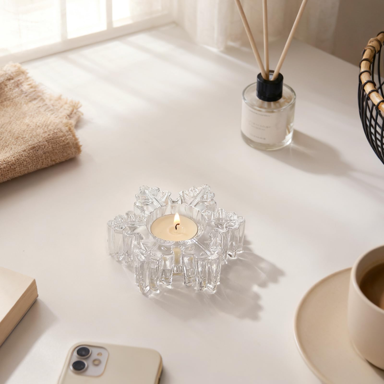 Lot de 4 photophores en verre transparent en forme de flocon de neige pour décoration de table, centre de table de mariage d'hiver, fournitures de fête de Noël