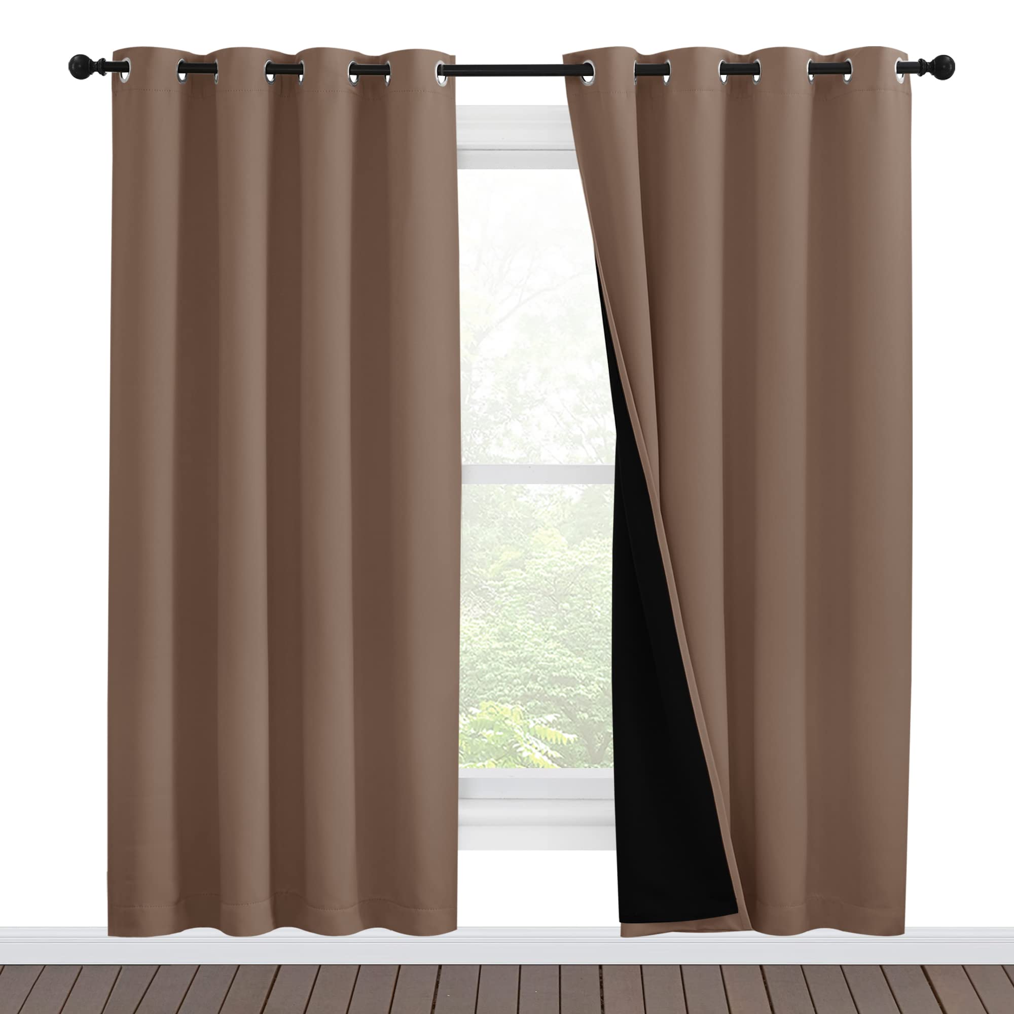NICETOWN Living Room Completely Shaded Draperies, Privacy Protection & Noise Reducing Ring Top Drapes, Black Lined Insulated Window Treatment Curtain