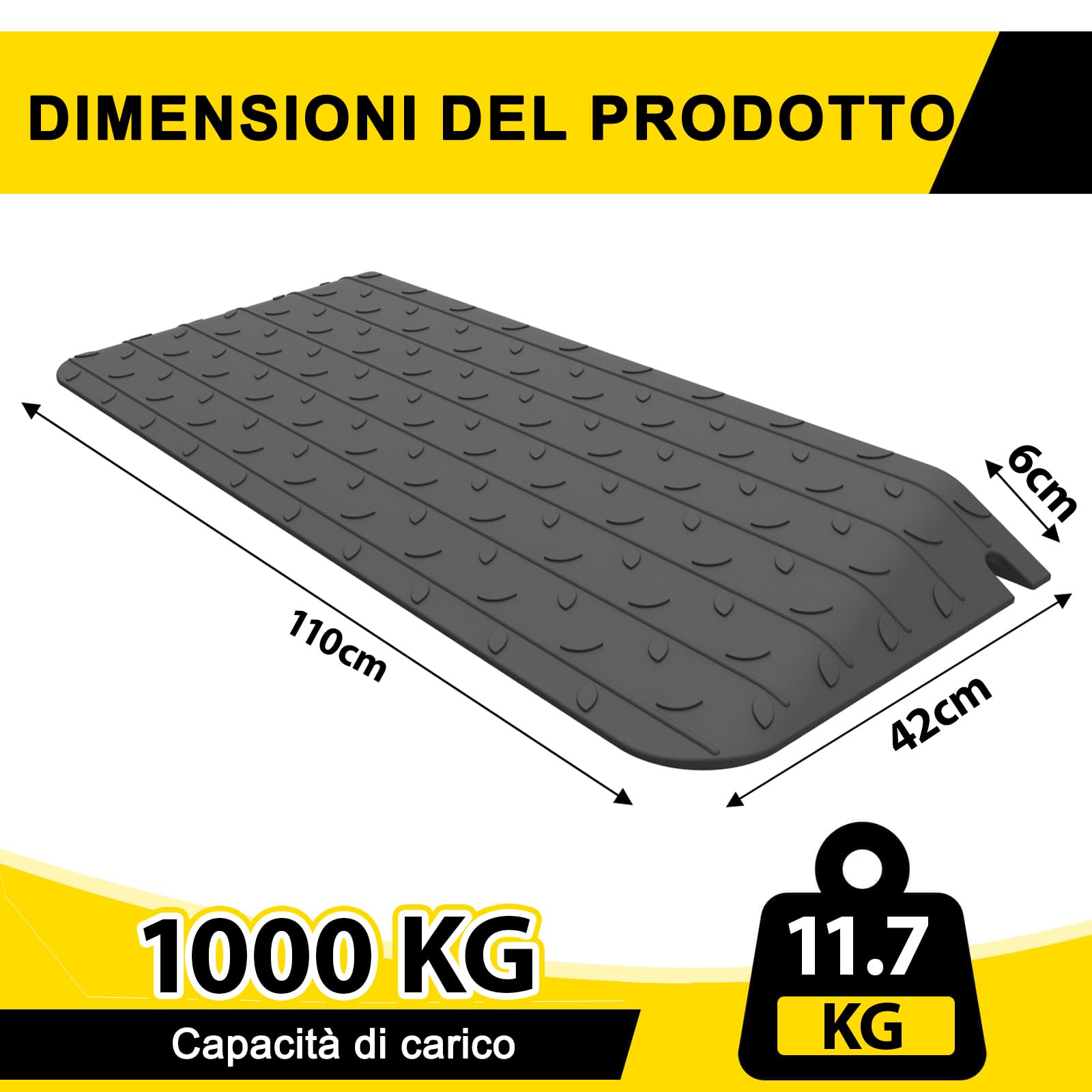 Rampa per marciapiede in gomma, nera, rampa in gomma, per sedia a rotelle, per soglia della porta, per auto, rampa in gomma (110 x 42 x 6 cm)