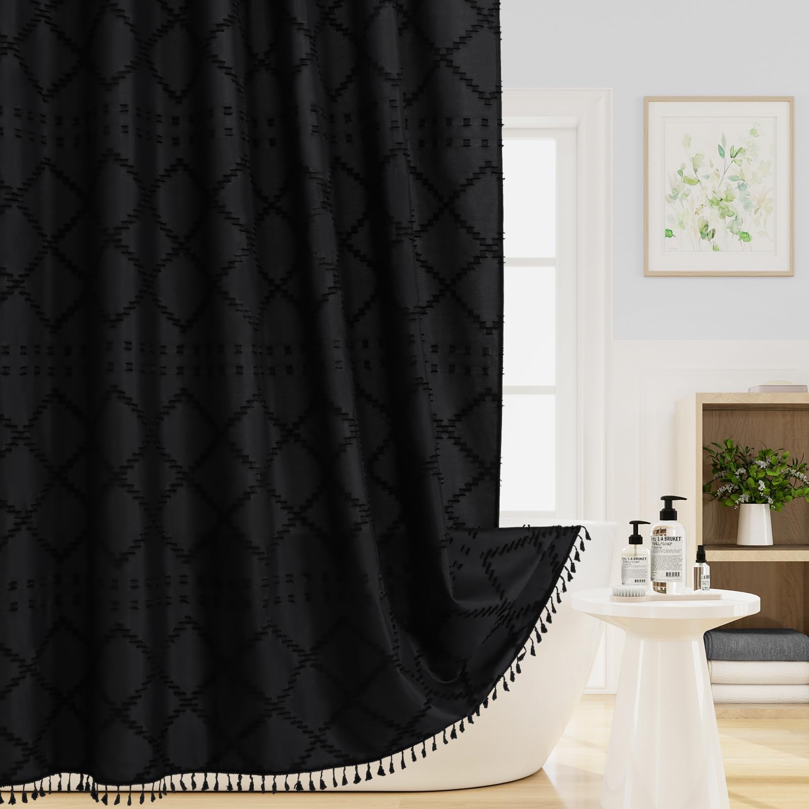 Craidlela Black Boho Woven Fabric Shower Curtain with Tassel 72 x 72, Bohemia Tufted Chevron Striped Chic Textured, Modern Farmhouse Minimalist