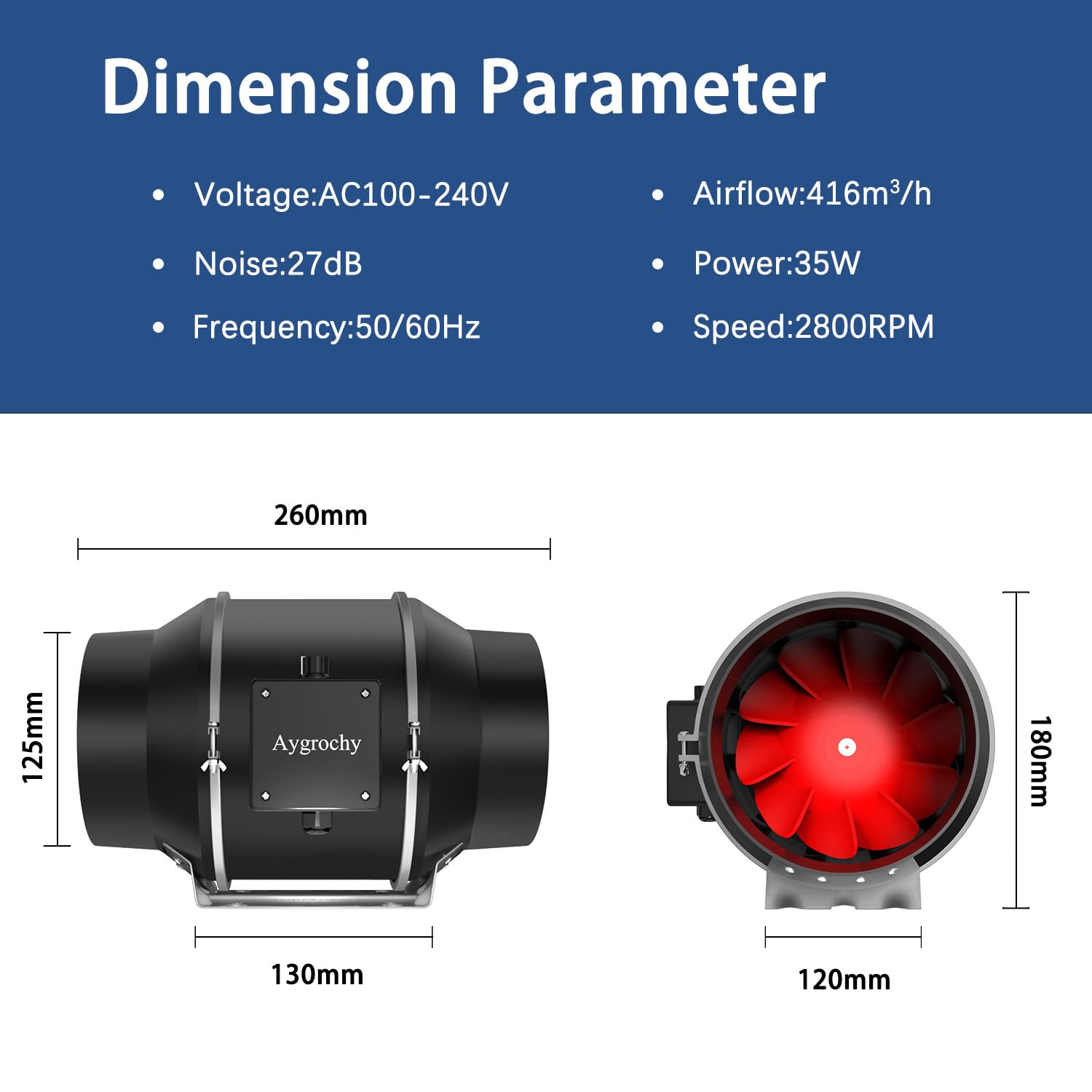 Aygrochy 125mm Extracteur d'Air avec Moteur EC, Ventilateur de Gaine Silencieux 416 m³/h, pour booster, tentes de culture, l'évacuation de l'air, de la fumée et de la poussière.