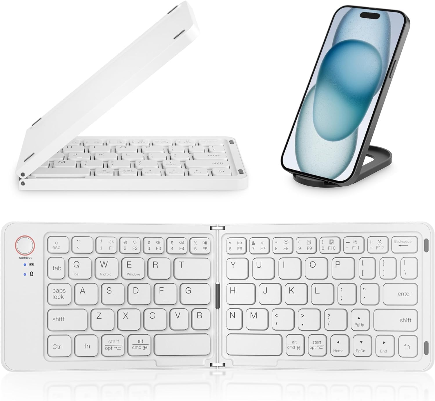 Homodoskey Mini Foldable Bluetooth Keyboard - Portable Wireless Full Size Keyboard (Sync Up to 3 Devices), Ultra-Slim Aluminum Travel Folding Keyboard for iPhone iPad Mac Android Windows iOS (White)