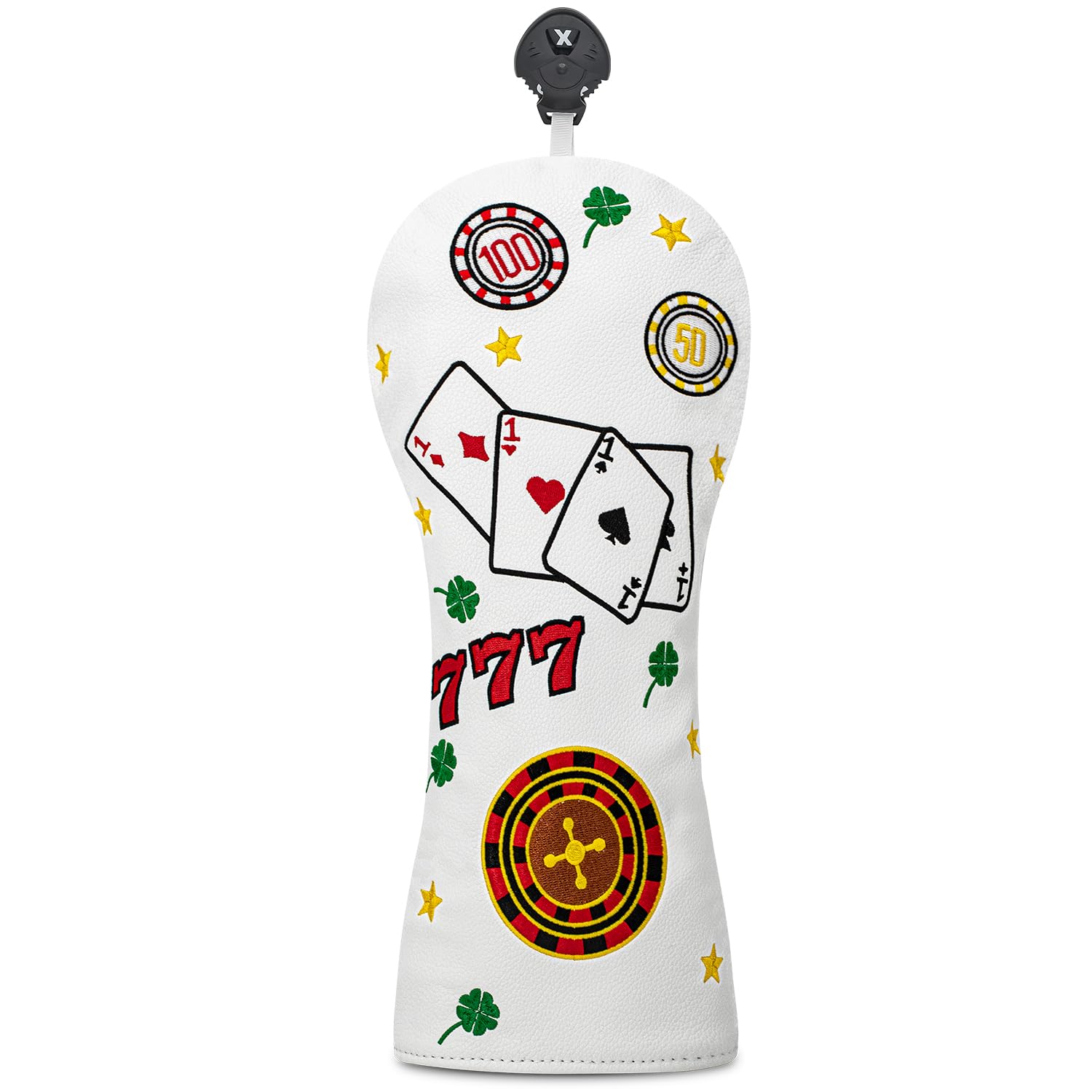 White 777 Playing Cards Funny Headcover - PU Leather Golf Club Cover with Embroidered Finish, Set Fits Driver Fairway Hybrid Woods