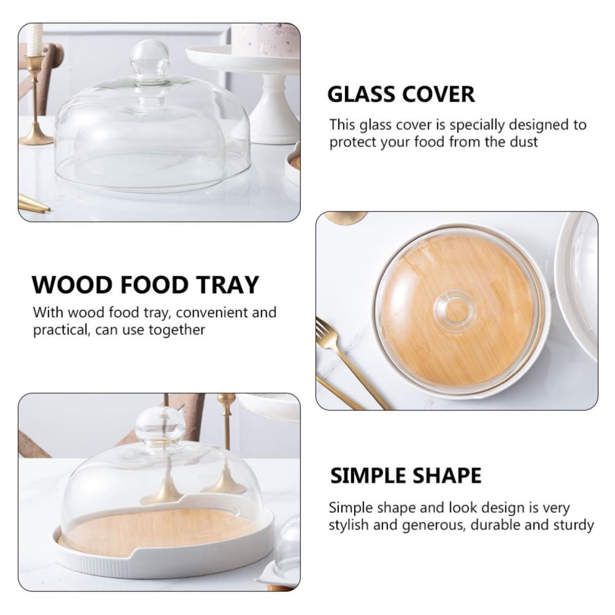 ABOOFAN Plateau à Gâteau pour Présentation Élégante Tournant en Bois avec Couvercle en Verre , Ensemble Pratique et Robuste et Utilisation Quotidienne Cuisine