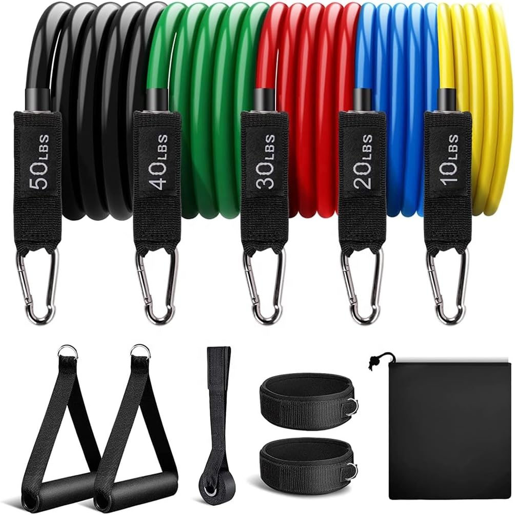 Resistance Bands Set for Home Gym – 5 Stackable Exercise Bands, Handles, Door Anchor, Ankle Straps & Bag – Full Body Workout & Physical Therapy Kit