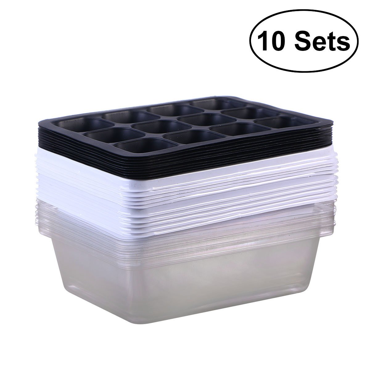 Yardwe 10 Pack Seedling starter trays plant seeds growing box nursery pots seed sprouter tray with dome and base 12 cells (White)