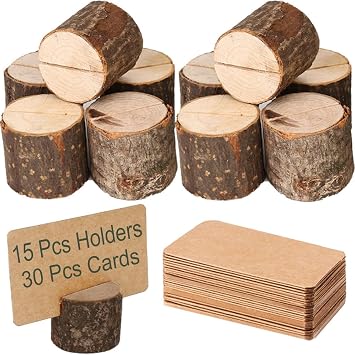 Toncoo Wood Place Card Holders, 15Pcs Premium Rustic Table Number Holders and 30Pcs Kraft Table Place Cards, Wood Photo Holders, Ideal for Wedding Party Table Name and More