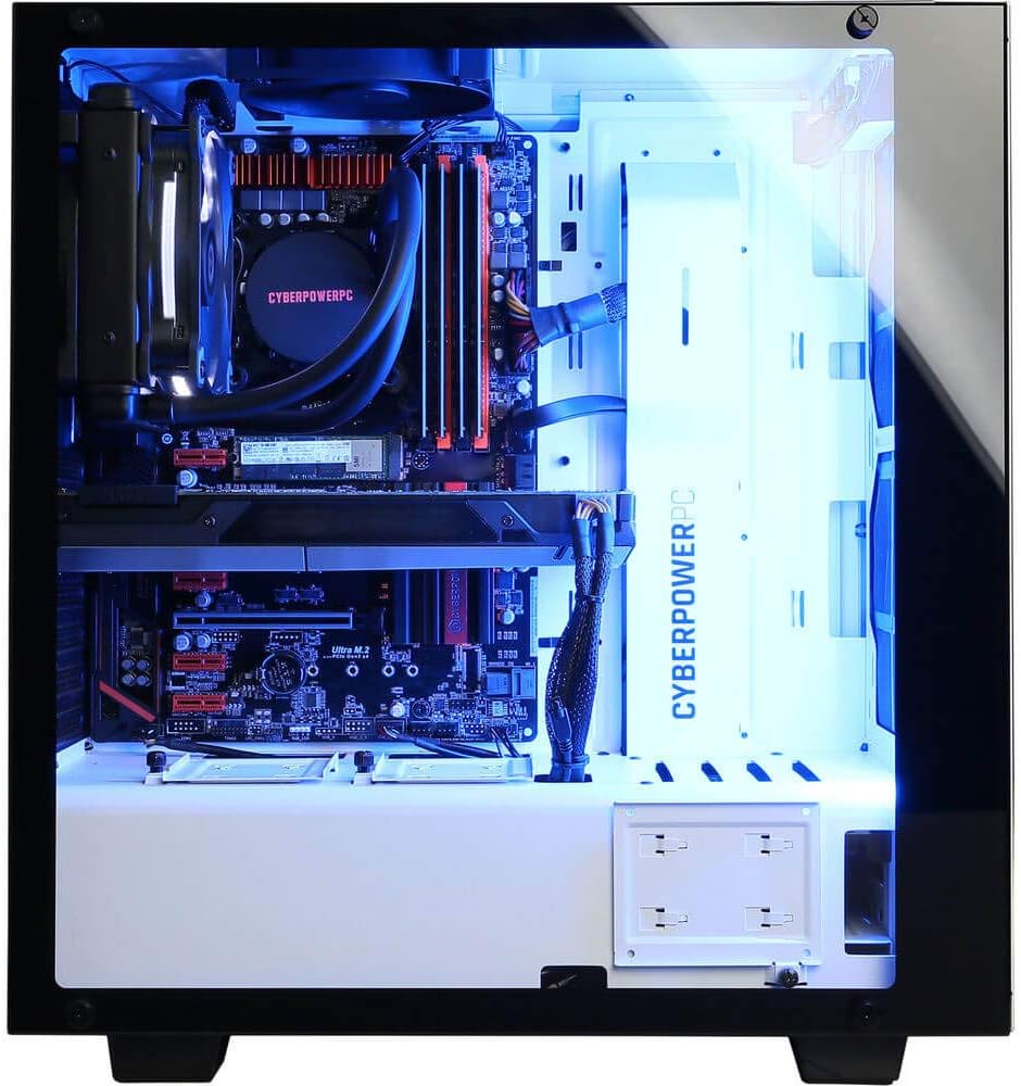 내부 view of CyberpowerPC Gamer Supreme SLC8820CPG showing liquid cooling, motherboard, and graphics card