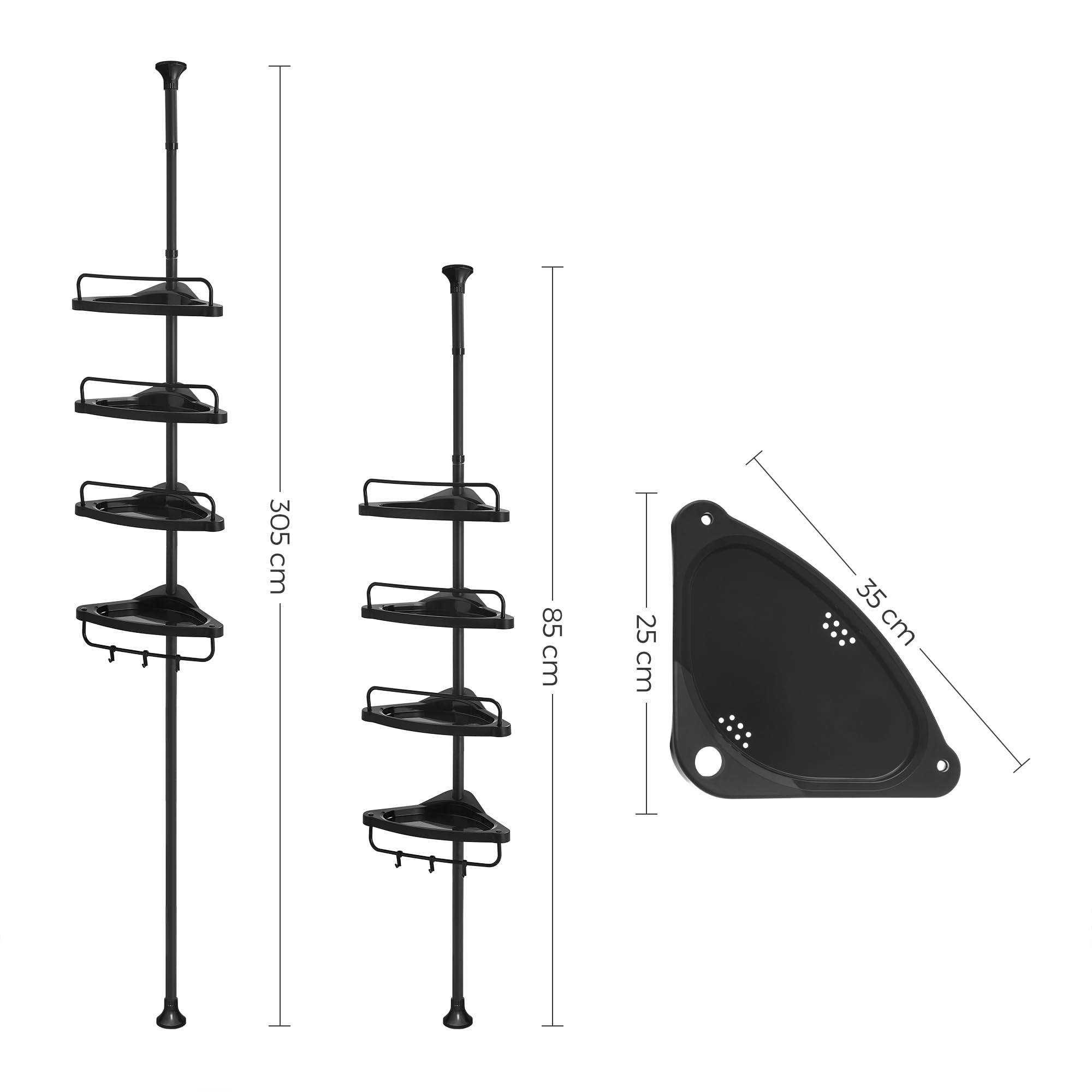 SONGMICS Narożna półka prysznicowa, 4-poziomowa półka prysznicowa, 85-305 cm, regulowany organizer łazienkowy, czarny BCB001B01