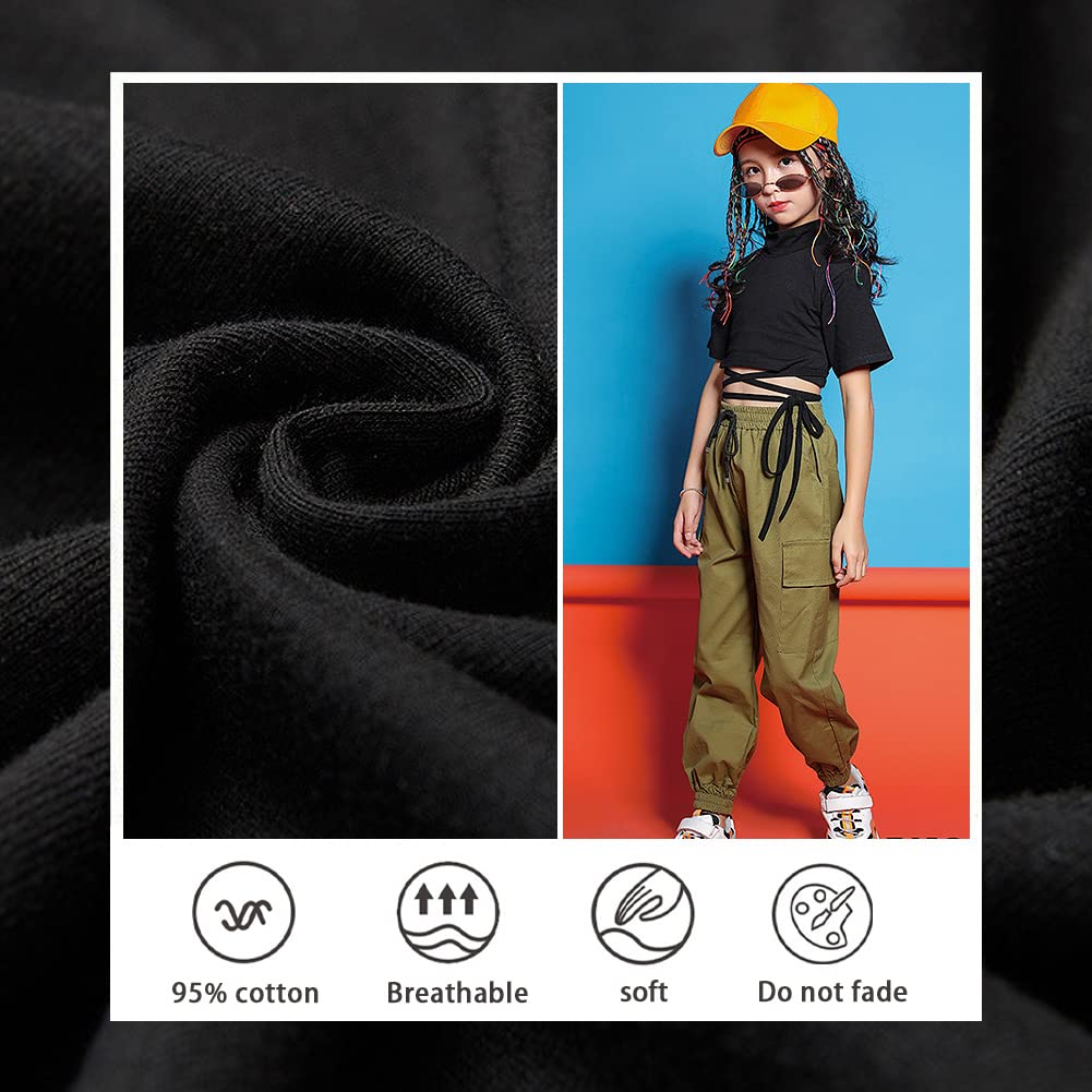Ropa Niña Top Corto Hiphop Moda + Pantalones Cargo Conjunto 2 Piezas Traje Jazz Color Sólido para Edad 3-17 Años