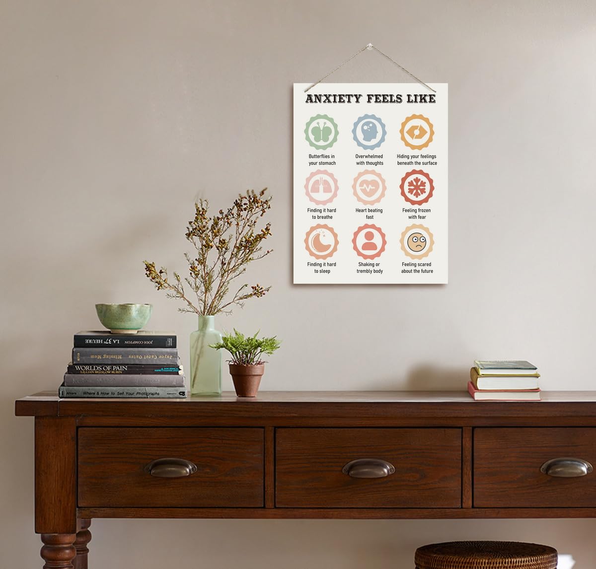 BQL Rustic Anxiety Therapy Office Wall Art, White, Framed with a Single Picture Frame, Watercolor, Cartoon, Indoor, Home Office 2