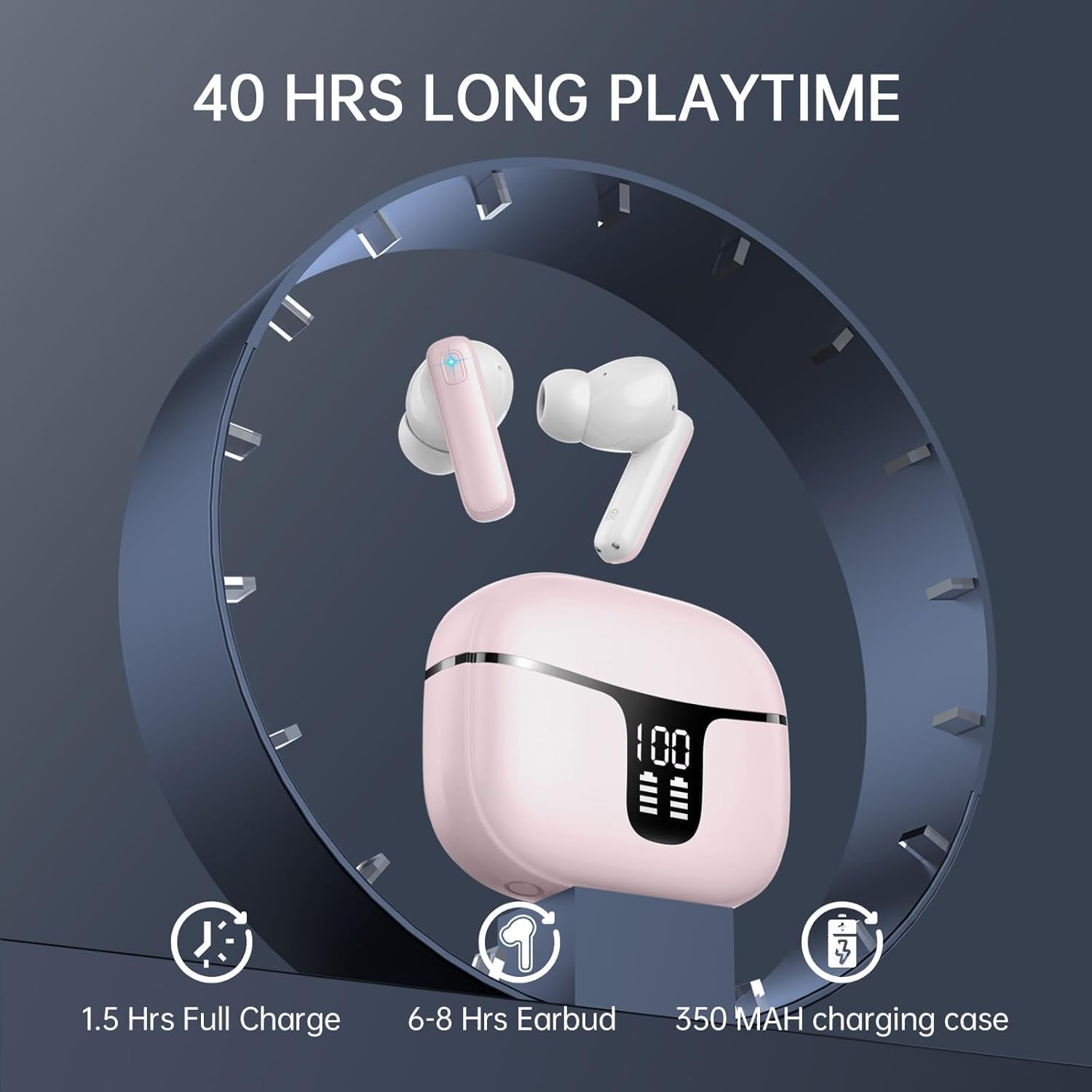 Cuffie Bluetooth, 2025 Auricolari Bluetooth 5.3 con HD Mic Stereo HiFi, Cuffie Wireless In Ear 40H LED Display Cuffiette Sport IP7 Impermeabili Touch Control Auricolari Senza Fili per Android/iOS Pink - Vista 5
