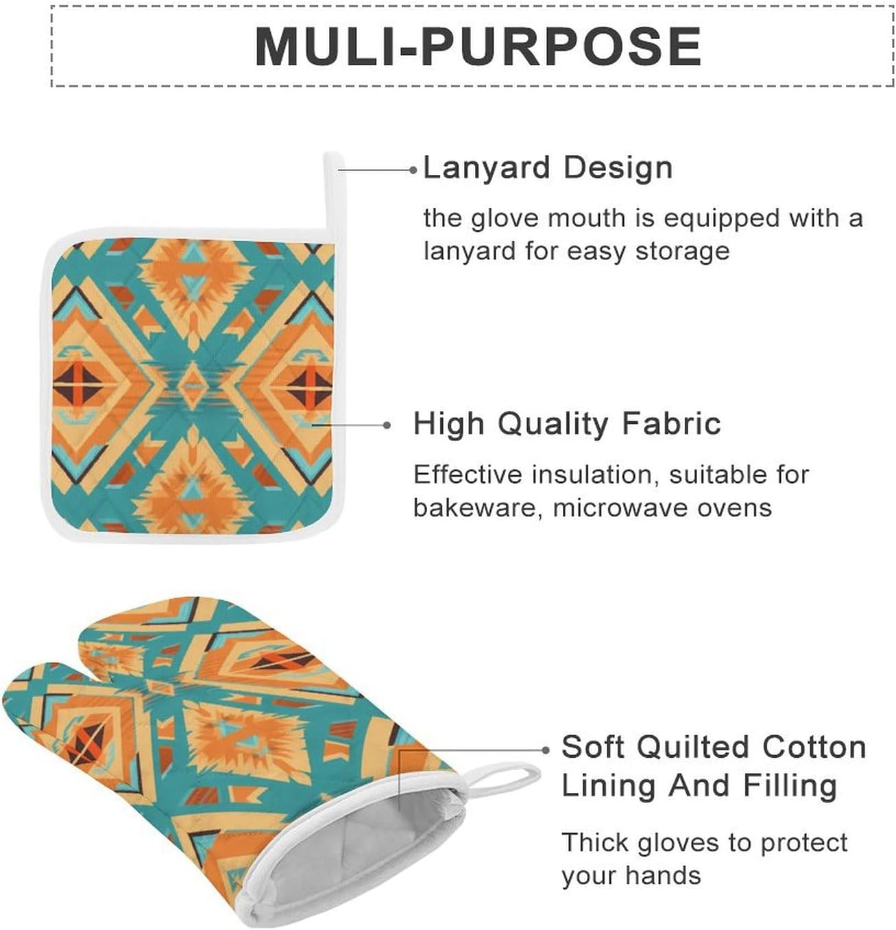 Tribal Ethnic Aztec Geometric 4 Pcs Oven Mitts and Pot Holders Set High Heat Resistant Long Kitchen Oven Glove Potholders