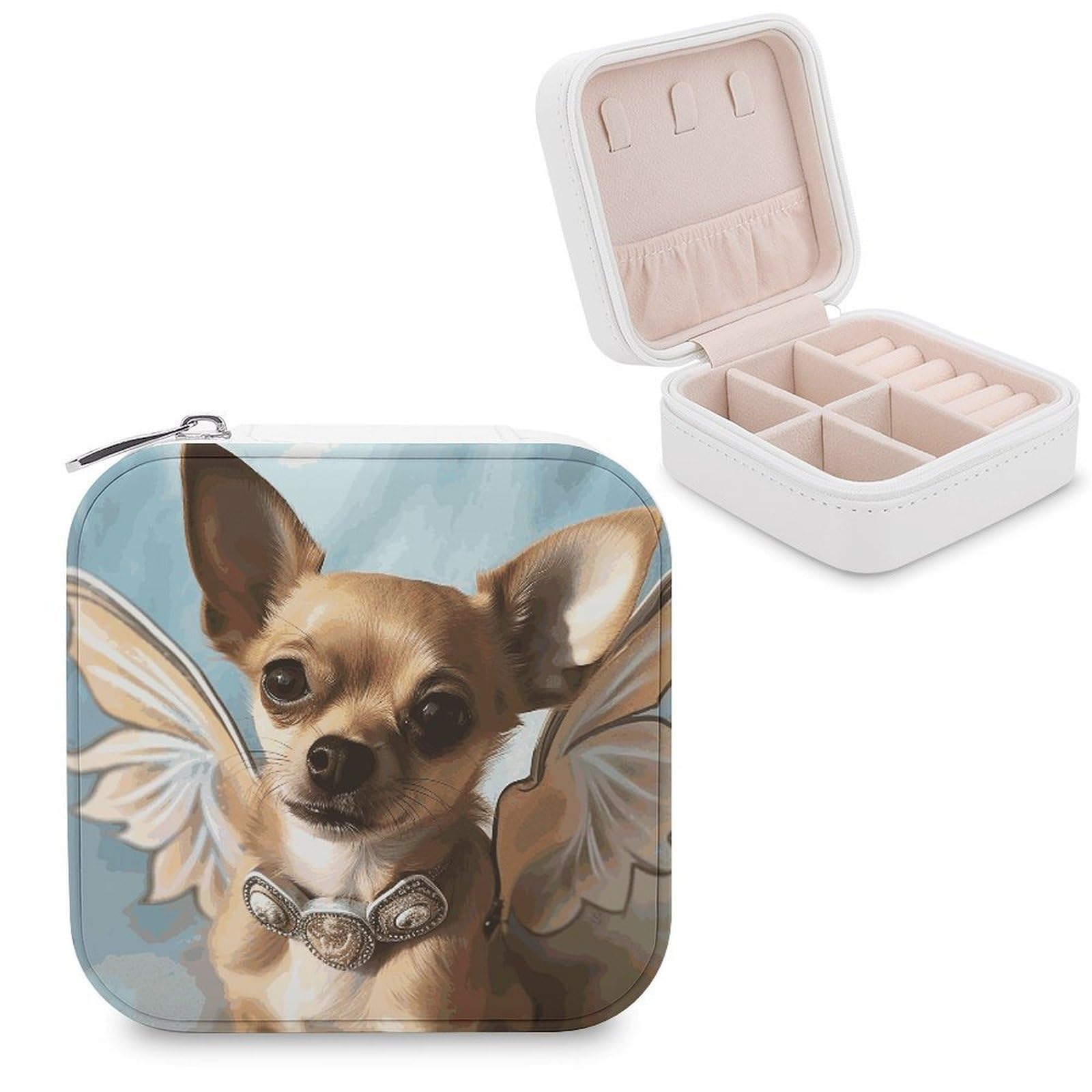JTREHY Travel Brown Chihuahua Angel Wings Jewelry Case Portable Display Storage Box PU Leather Mini Jewelry Travel Case Personalized Travel Jewelry Organizer Small Jewelry Box for Women