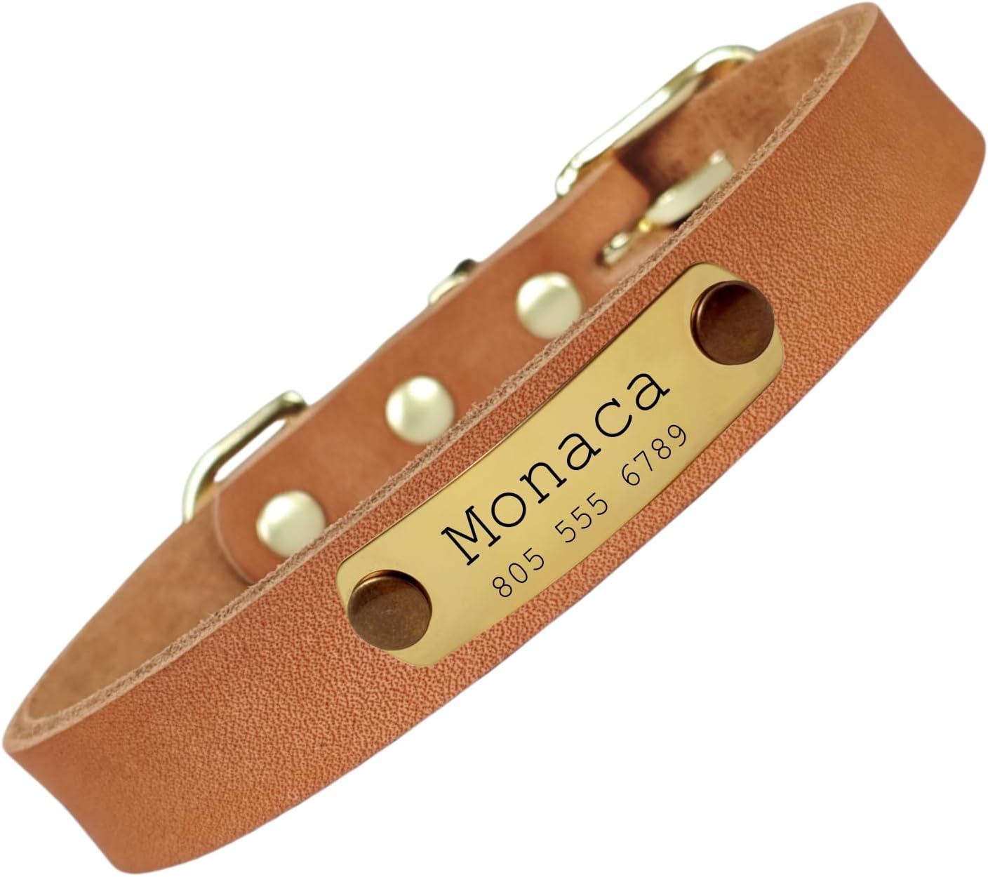 TSD Genuine Leather Dog Collar Personalized Custom Engraved with Pet Name & Phone Number Adjustable Collars for Small Medium Large Dogs Cats Fashion Comfortable