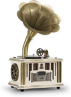 Tocadiscos de fonógrafo vintage con altavoz Bluetooth inalámbrico y radio FM para decoración del hogar, bar, fiesta (blanco)