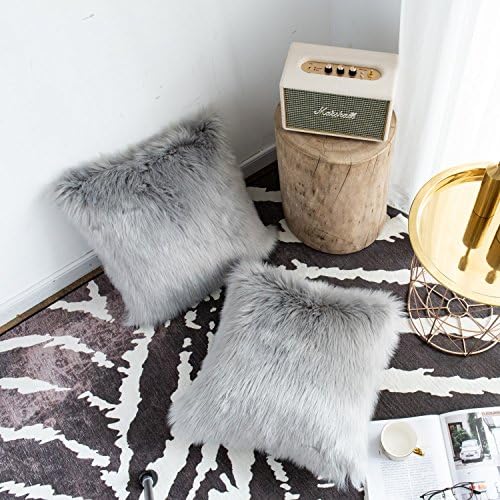 Foindtower Set of 2 Mongolian Faux Fur Square Decorative Throw Pillow Covers Cushion Case New Luxury Series Merino Style for Livingroom Couch Sofa Nursery Bed Home Decor 18x18 Inch (45x45cm) Grey