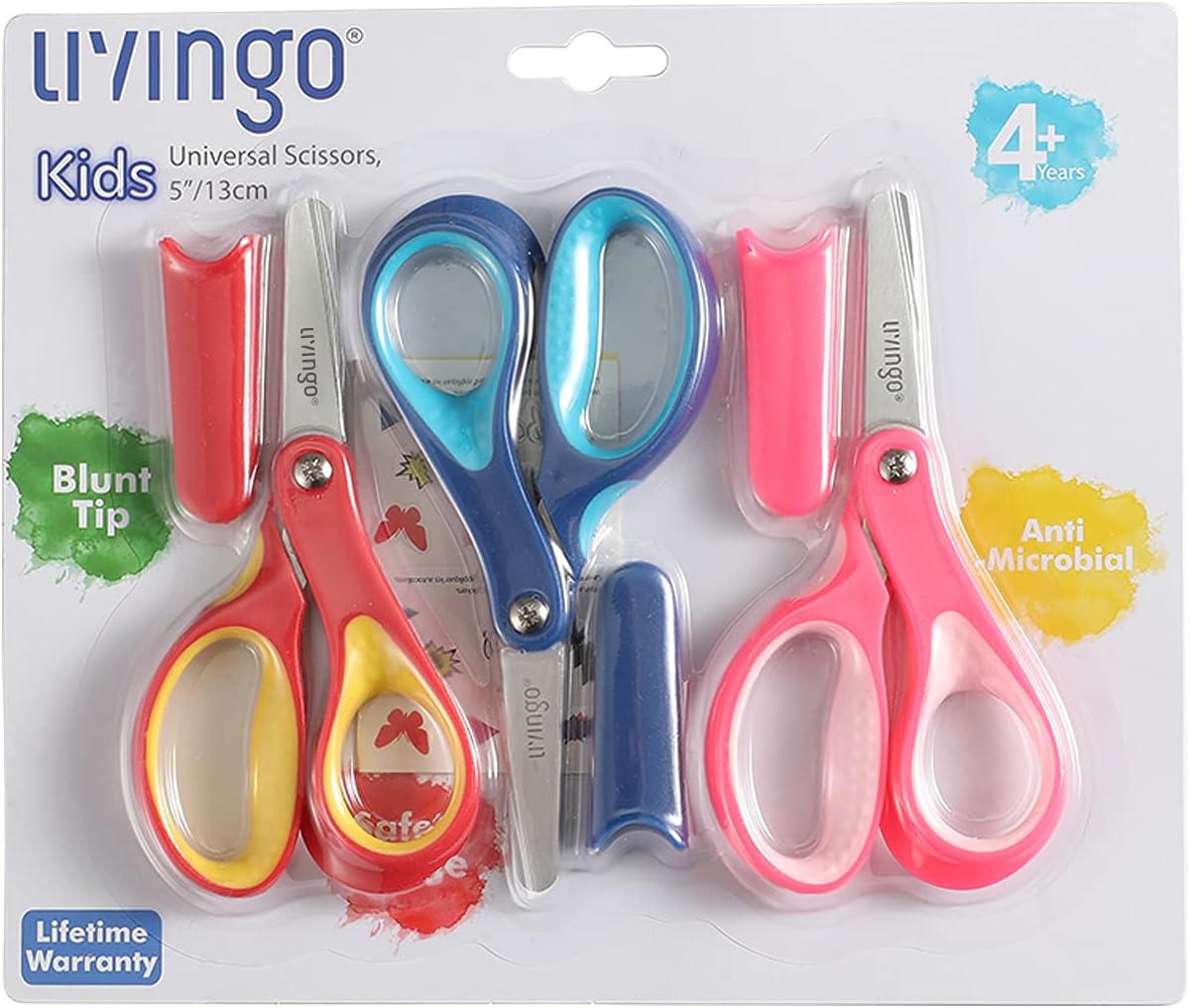 LIVINGO 5" Small School Student Blunt Tip Kids Craft Scissors, Sharp Stainless Steel Blades Safety Soft Grip Handles for Children Cutting Paper, Assorted Color, 3 Pack : Arts, Crafts & Sewing