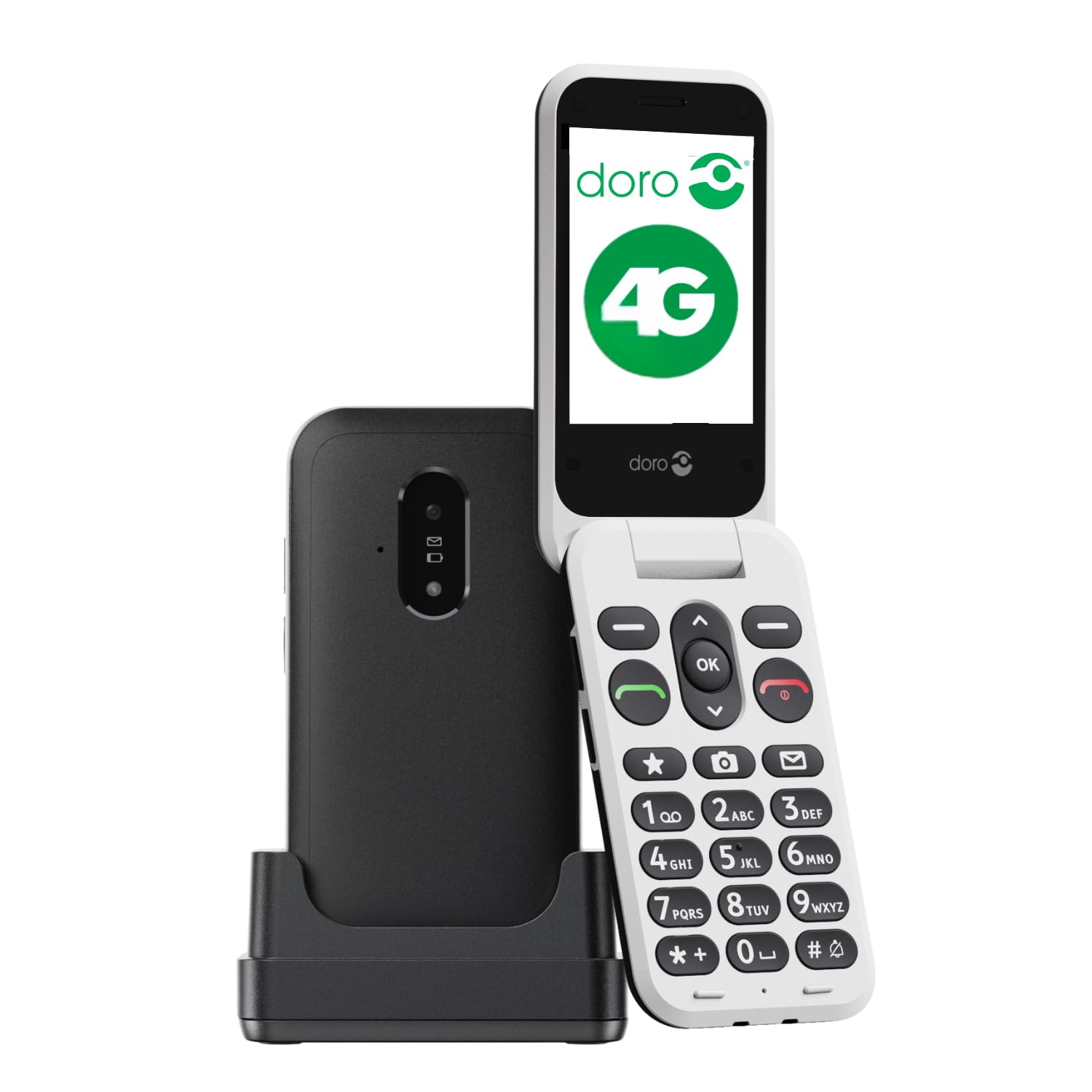 doro Telefon - Leva E22 - 4G Klapphandy für ältere Menschen - Großer 2,8-Zoll-Bildschirm, kontrastreiche Tasten, lauter & klarer Klang, HD-Sprache, Kamera, sichere Taste, Ladeschale - Schwarz/Weiß