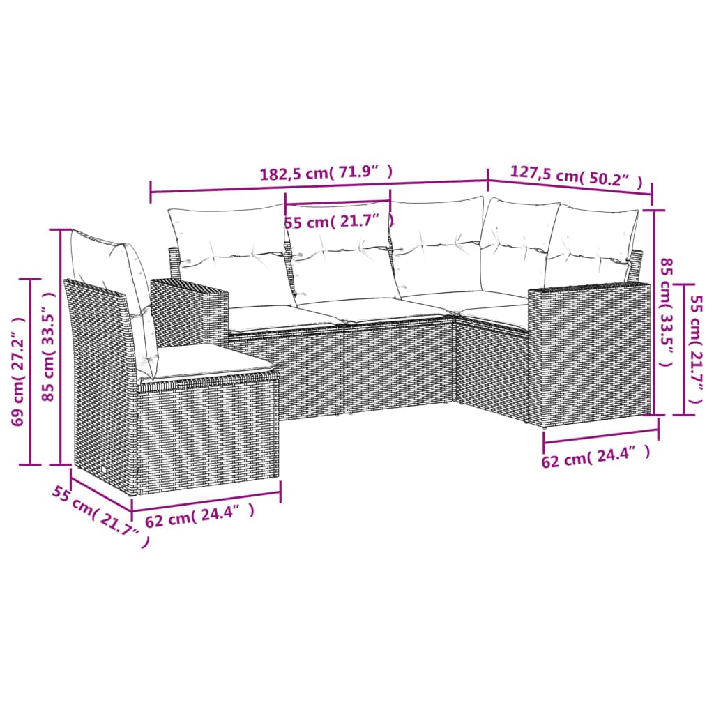 Set Divano da Giardino 5 pz in Polyrattan Grigio con Cuscini | Salotto modulare per terrazzo e patio dotato di comodo vano contenitore sotto la seduta e piedini regolabili.