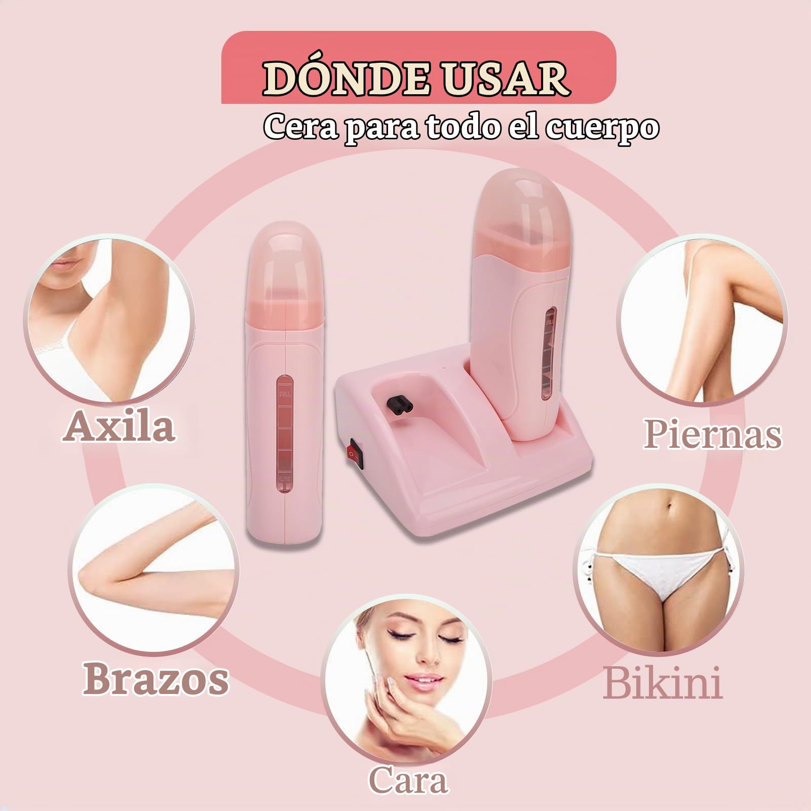 Roll-on Calentador de Cera Profesional, Calentador de Cera Depilatorio Doble, Máquina de Cera Depilatoria con Base de Calentador, para la Cara Axilas Piernas Bikini(Rosa)