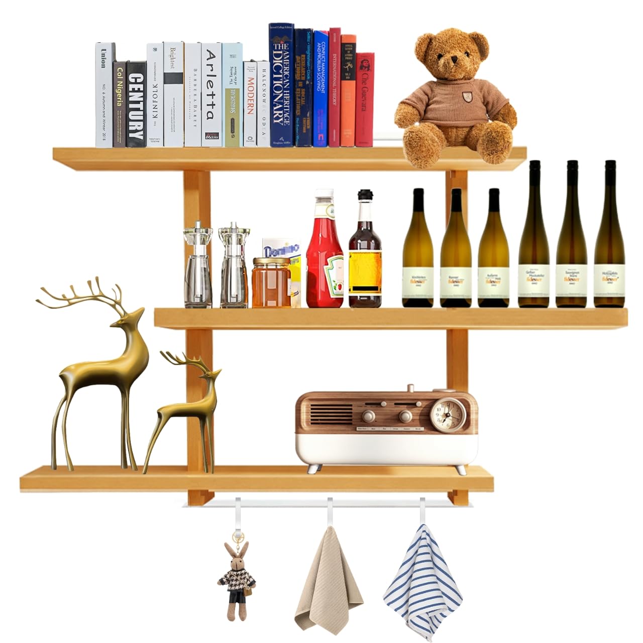 BIATOE Wall Shelves，Variable Wood Floating Shelves of 3 Tier，Solid Oak Wall-Mounted Shelves for Bathroom, Living Room & Farmhouse Decor ，Easy Install