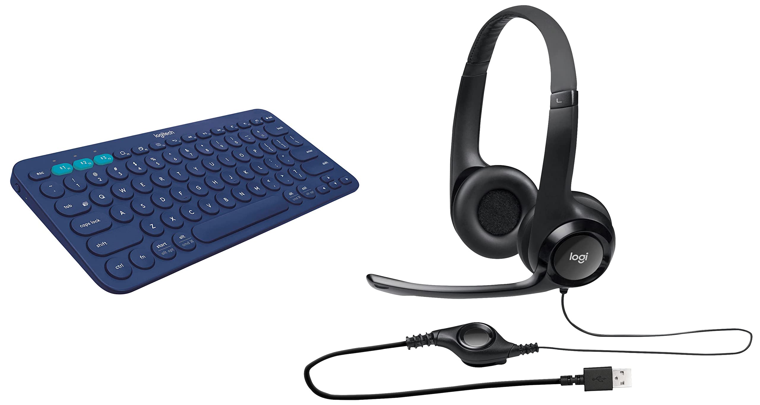 Logitech H390 Wired Headset for PC/Laptop, Stereo Headphones & K380 Wireless Multi-Device Keyboard for Windows, Apple iOS, Apple TV Android or Chrome, Bluetooth
