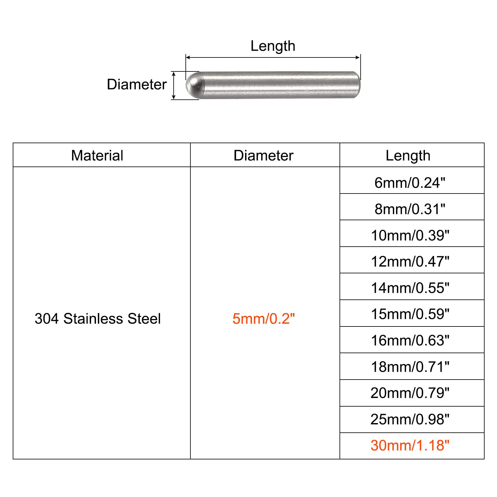 sourcing map 20 Stück Zylinderstifte 5x30mm Passstifte 304 Edelstahl Rundkopf Flachbefestigungselemente